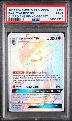 2017 POKEMON SUN & MOON GUARDIANS RISING SECRET #156 FULL ART/LYCANROC GX PSA 9
