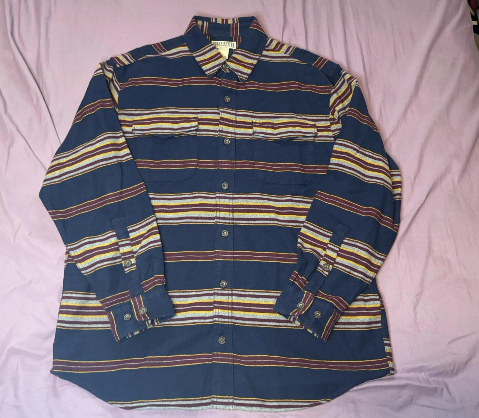 Duluth Trading Flannel Shirt Mens Large Blue Striped Button Up Camp Rodeo Cowboy