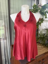 Lane Bryant Red Satin Halter Top – Size 18 – Embellished V-Neck Evening Blouse