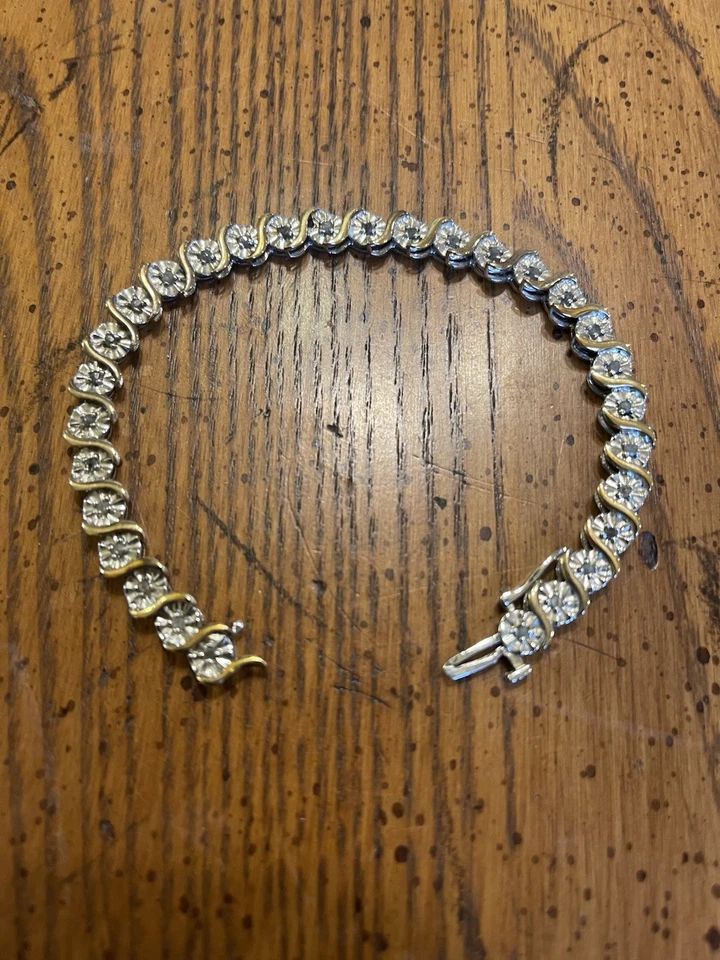 Antiga pulseira de tênis de diamante esterlina testada fecho de segurança 7,5 polegadas tom dourado 14 gramas - Imagem 4 de 4