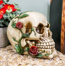 Day of The Dead Red Rose Vine Skull Figurine DOD Floral Sugar Skull Decor 6"L
