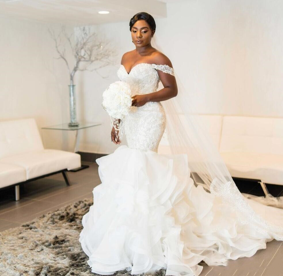 Crystal Mermaid Wedding Dresses Off Shoulder Ruffles Chapel Train Plus Size  Gown