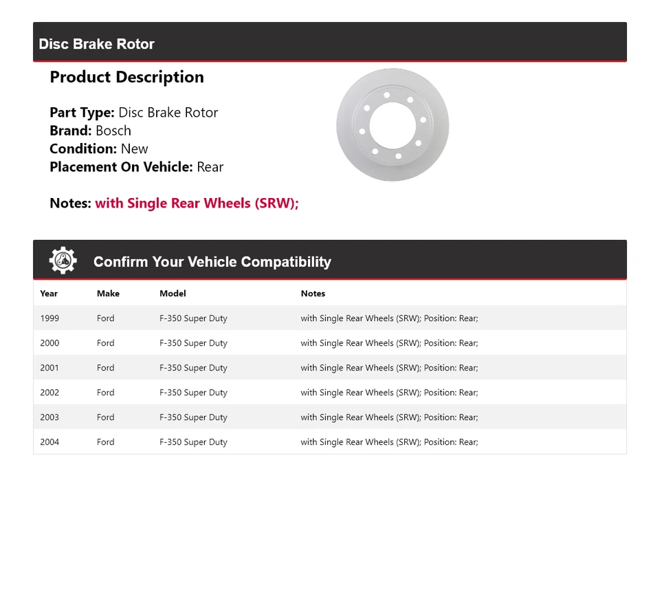 Rotor de freno de disco trasero 2000 para Ford F-350 Super Duty Bosch QuietCast 1999-2004 Foto 2 de 4
