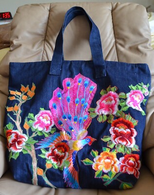FRED + BASHA EMBROIDERED ON DENIM OVERSIZED COTTON TOTE,BAG NEVER USED