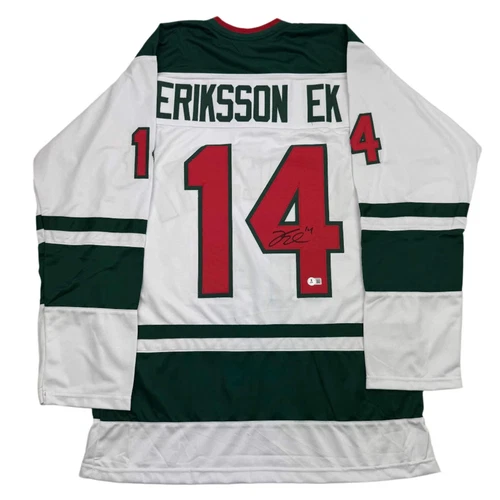 Autographed/Signed Joel Eriksson Ek Minnesota White Hockey Jersey Beckett COA