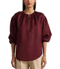 Lauren Ralph Lauren Women's Red Solid Shantung Blouson-Sleeve Blouse Top Size S