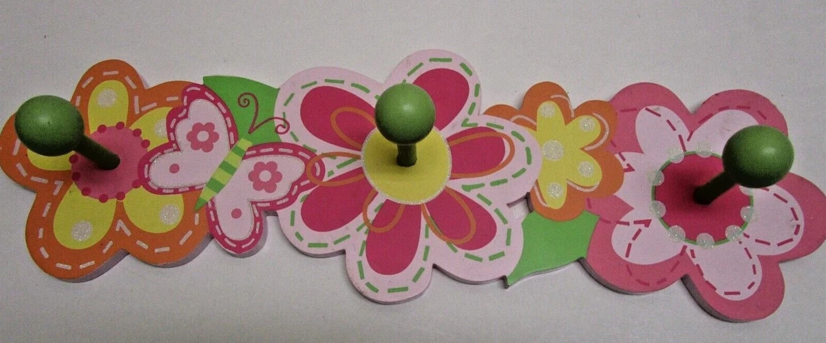 Girls Wooden 3 Peg Wall Coat Hook Hanger Bedroom Butterfly Flowers