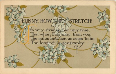 AM Davis Arts & Crafts Style Postcard 1772 Blue Flowers~Miles Between us Stretch