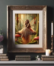 Forest Fairy Bride on swing, Mushroom, Whimsical Fantasy painting print Art
