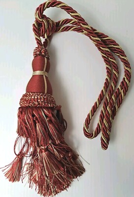 Curtain Tieback Sz. Meduim 24'' Red/Gold Drapery Holdbacks Silky Tassel 1pc. New 