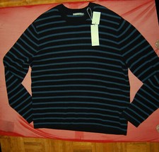 NWT VINCE mens crew neck navy blue stripe 100 cotton sweater size XL 325