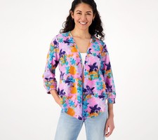 Denim Co. Printed Favorite Jersey Open Cardigan Sweater with Smocking DarkOrch