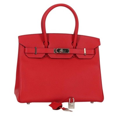 HERMES Birkin 30 Hand Bag Leather Red Silver Auth 134875SM