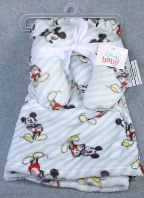 Disney Baby 2 Pc Mickey Mouse Head Rest Travel Pillow & Blanket 30'' Blue Stripe 
