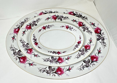 3 Vintage Spring China Japan Greystone Floral Rose Oval Serving Plates