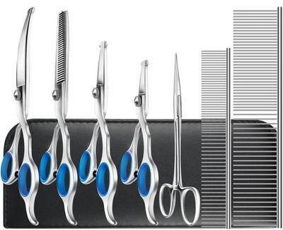 Pet Grooming Scissors Set - Professional Stainless Steel Grooming Kit with Cu...