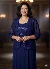 Alex Evenings Dress Gown Jacket 20W Purple Satin Sequin Beaded Slip Elegant Set