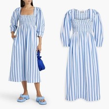 GANNI Blue Striped Cotton Smock Midi Dress Size 4 NWT – $375 Retail