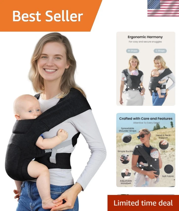 Cozy Newborn Baby Carrier with Padded Support – Ergonomic Wrap in Deep Grey
