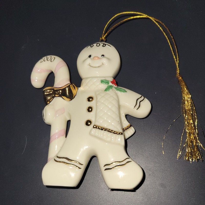 Lenox 2000 Gingerbread Man Candy Cane Ivory China Gold Trim Christmas Ornament