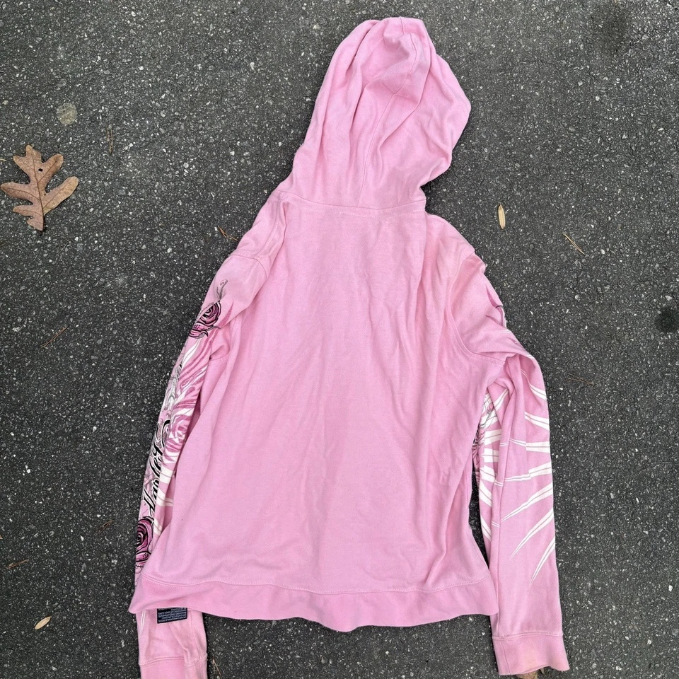 Women’s Full Zip Up Pink Y2k Affliction Angel Wings Harley Davidson Sweater 2XL - Image 3 of 4