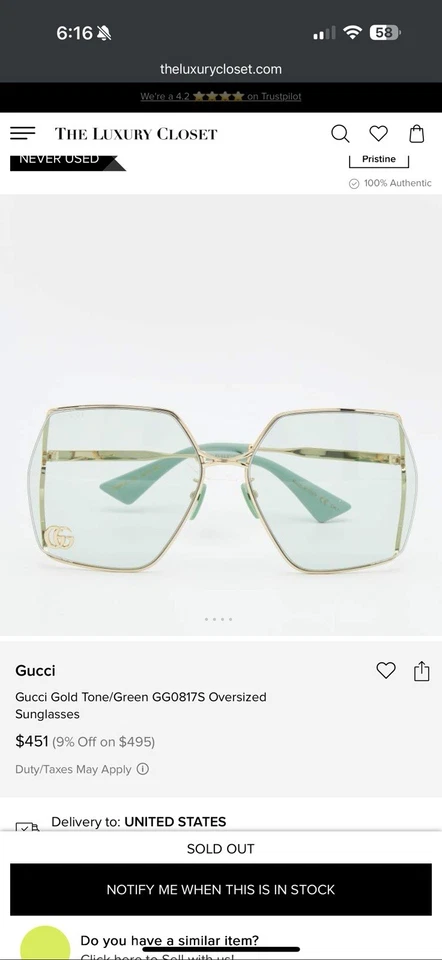 Auténticas gafas de sol para mujer Gucci GG0817S verdes y buenas Foto 3 de 4
