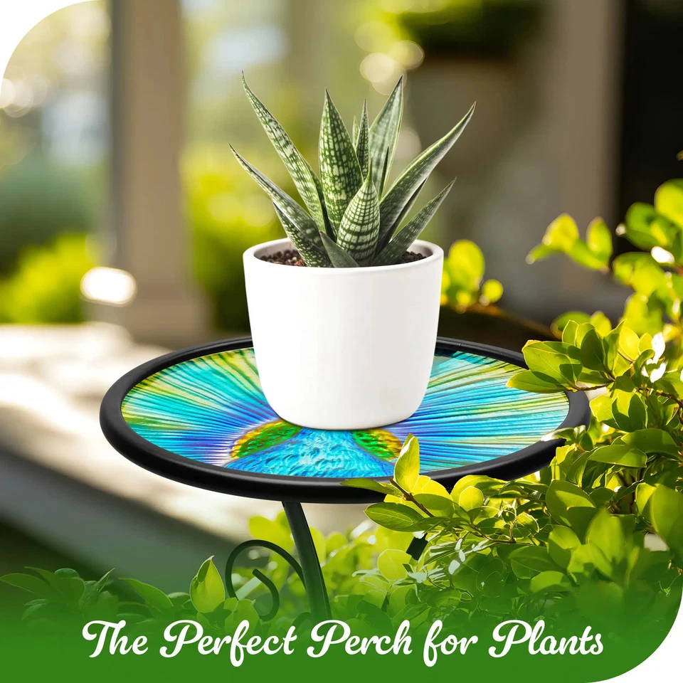 Mesa auxiliar exterior vidrio redondo G128 12 pulgadas patrón pavo real soporte para plantas Foto 4 de 4