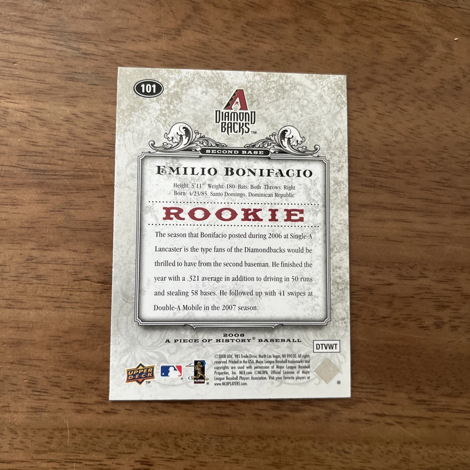 2008 Upper Deck A Piece of History #101 Emilio Bonifacio rookie rc diamondbacks - Image 2 of 2
