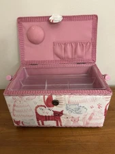 Fabric Covered Sewing Craft Box Basket Kitty Cat Meow Pink With Tray 10x7”