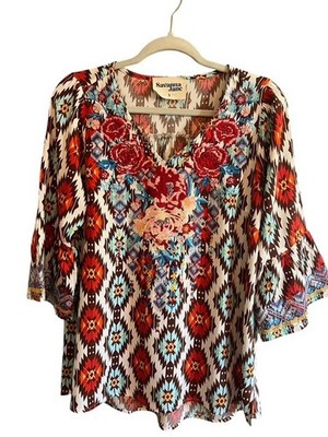 Savanna Jane Boho Tunic Top S Small Embroidered Southwestern Geometric Bell Slv