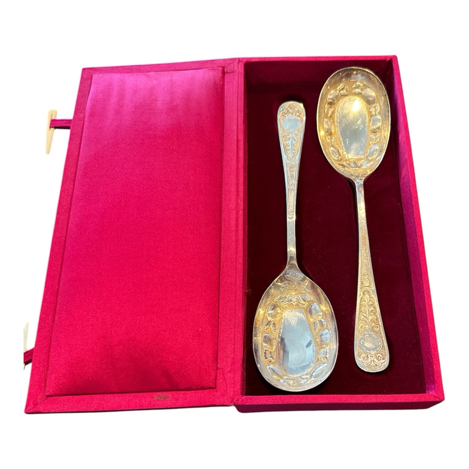 Antique Victorian Pair of Silver-gilt Berry Serving Spoons Red Velvet Lined Case