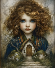 8x10 Cozy Storybook Little Girl with Curly Hair Art Print Heritage - 500311531