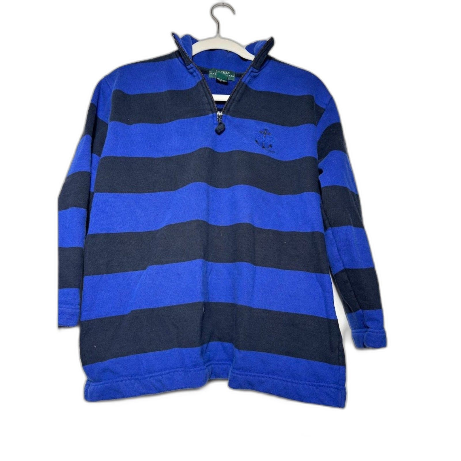 Lauren Ralph Lauren Petites Size Small Quarter Zip Rugby Blue Nautical Striped