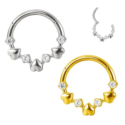 1,2mm TITAN Clicker Ring Herzen und Kristalle Ohr Helix Septum Piercing Gold - Bild 1 von 3