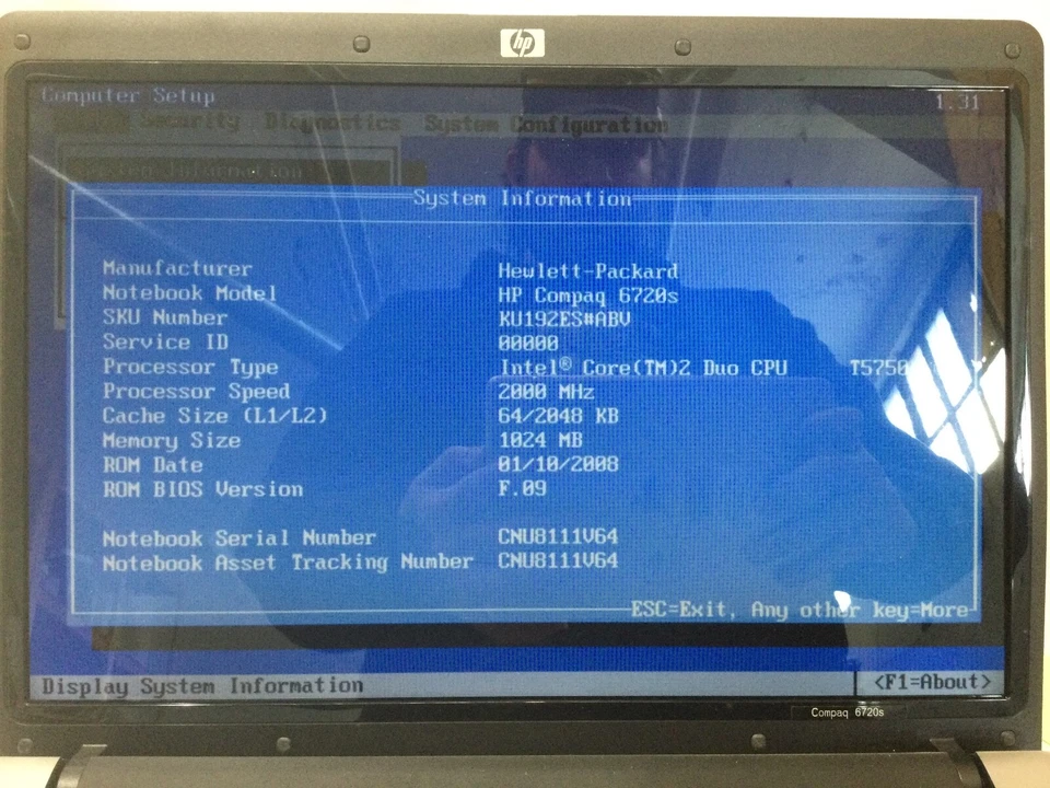HP COMPAQ 6720S - BOOTS TO BIOS - INTEL CORE 2 DUO - 1GB RAM -READ DESRIPTION-BB - Image 3 of 4