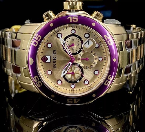 Orologio Uomo Invicta 37692 Pro Diver NUOVO 48MM Quadrante Oro Quarzo Bracciale Oro - Foto 4 di 13