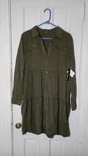 NWT Elliott & Vine Women's Olive Tiered Pocket Shirt Dress, Size S Tencel C3