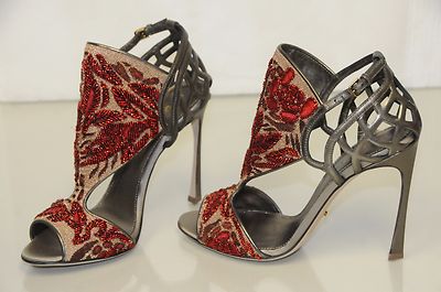 $2275 New Sergio Rossi Ruby RED Bronze Embroidered Sandals Shoes 36.5
