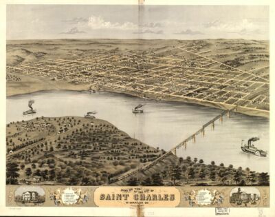 18'' x 24'' 1869 birds eye map of city of Saint Charles, Missouri