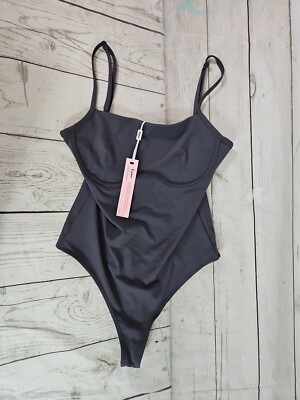 QINSEN Women's Medium  Body Suit Dark Heather Gray Snap Bottom Adjustable Straps