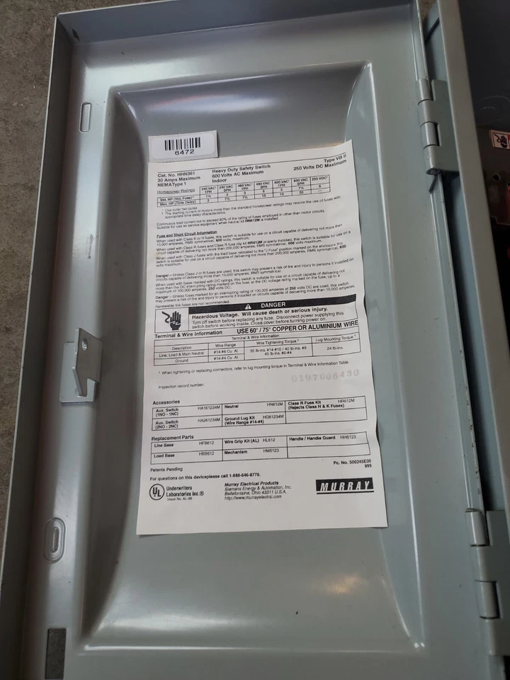 INTERRUPTOR DE SEGURIDAD DE ALTA RESISTENCIA MURRAY HHN361 NEMA TIPO 1 GABINETE 30 AMPERIOS SE ENVÍA HOY Foto 2 de 4