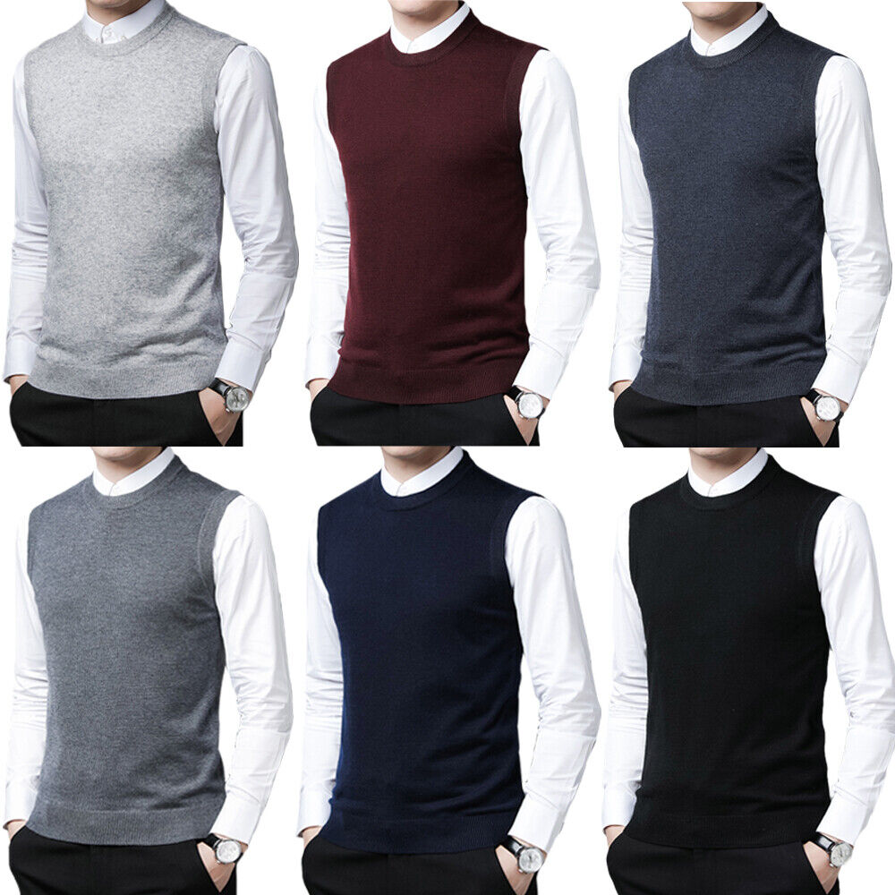 Mens Sweater Vest Crew Neck Plain Knitted Tank Top Jumper Sleeveless  Pullover