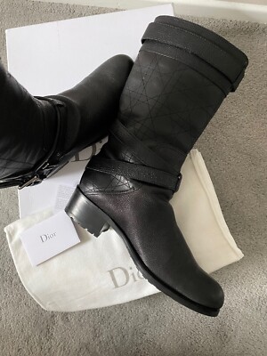 CHRISTIAN DIOR Black Leather Biker Cannage Low Boots SIZE 40