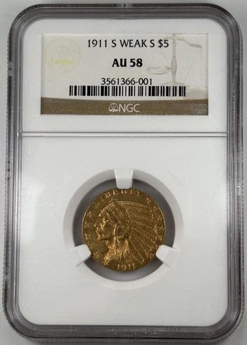 1911-S Weak S Gold 5 Dollar Indian NGC AU58