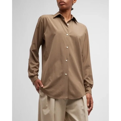 Olivaceous Collared Shirt Silk Velvet Cupro Blouse Golden Beige Button, Size L