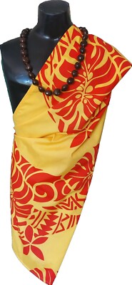 Pareo Polynesian Hawaii Swimwear Cover Up Beach Sarong Lava ~ Red Yellow Ali'i 
