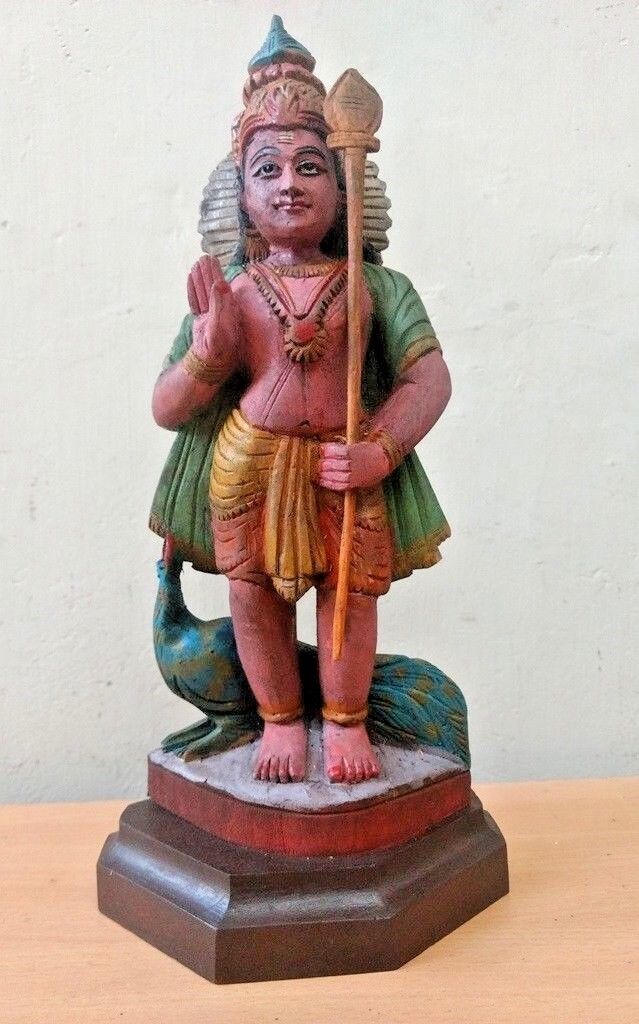 Kartikeya Murugan Hindu God Vintage Skulptur Holz Statue Puja Murti Idol Selten Oryginalna, najnowsza praca