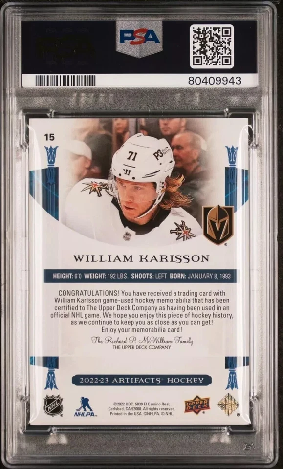 2022 UPPER DECK ARTIFACTS 15 WILLIAM KARLSSON MATERIAL-GOLD/249, PSA POP 1 - Image 2 of 2
