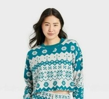 Colsie Women's Fair Isle Fleece Lounge Sweatshirt Cropped Gray Teal NWT L