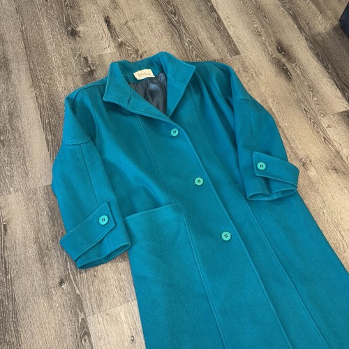 VTG Neiman Marcus 100% Wool Turquoise 3 Button Overcoat Trench Union Made 80s - Picture 9 of 21